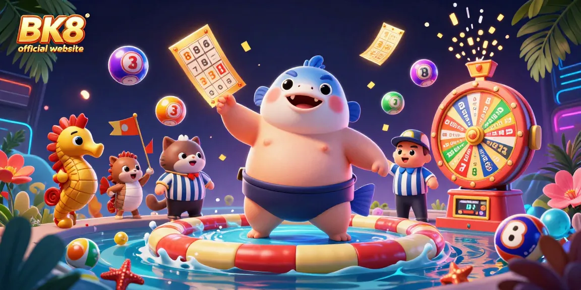 Engaging scene of the BK8 official website with a fugu sumo wrestler, dynamic gambling elements, and colorful lottery balls.