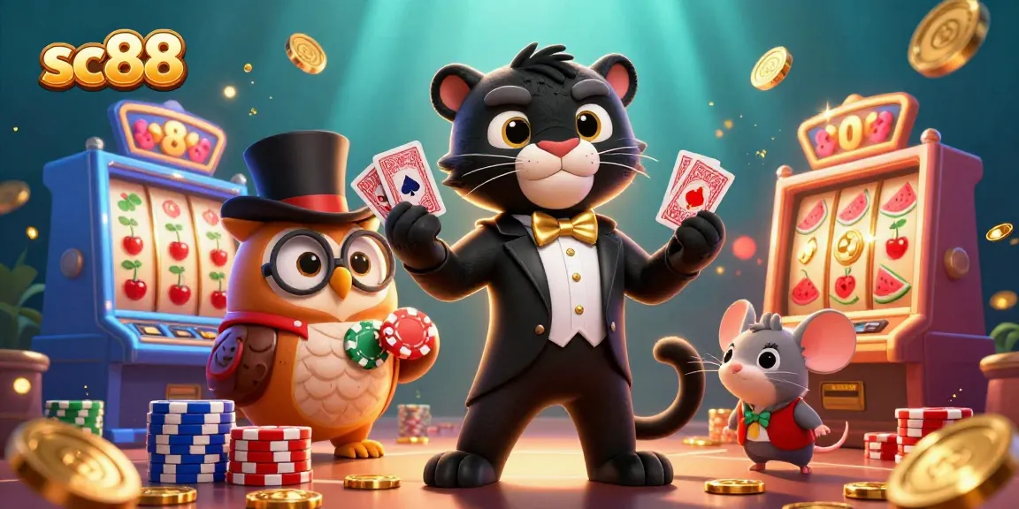 Engage with sc88's vibrant 3D casino scene featuring a panther dealer, winning cards, and slot machines.