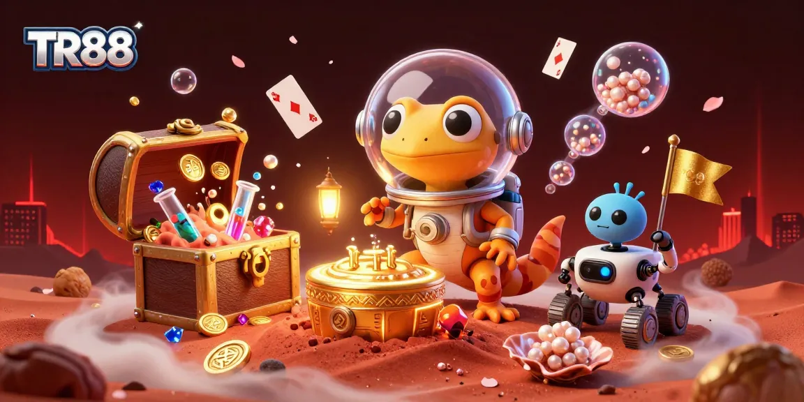 Experience the excitement of TR88 with a Martian gecko exploring a hidden casino in this vibrant 3D illustration.