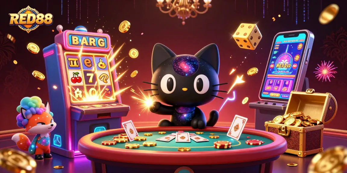 Engage with RED88's vibrant cosmic casino adventure featuring a black hole cat.