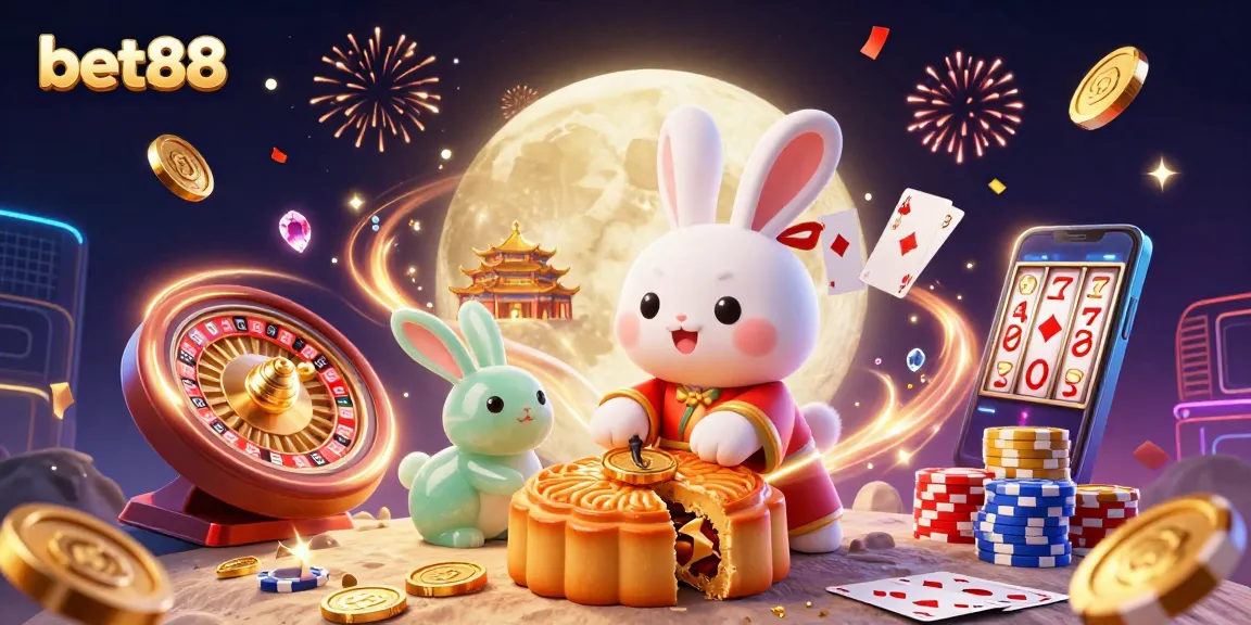 Experience excitement at bet88 with a vivid 3D illustration featuring casino elements and lunar charm.